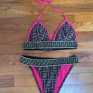 Faux Fendi Black and Pink Logo Bikini